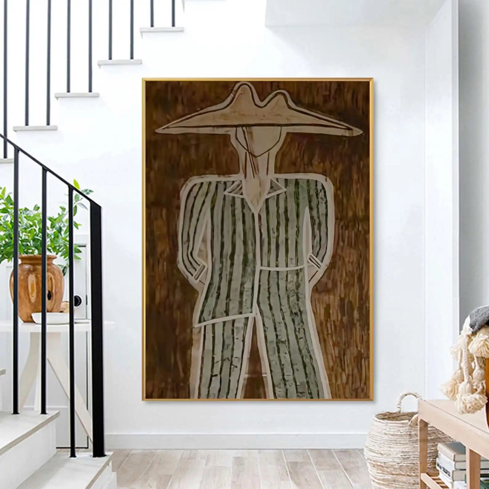 Mhemyo Kubistisk Abstrakt Ansiktsmålning Handgjord – Beige Brun Canvas Vardagsrum