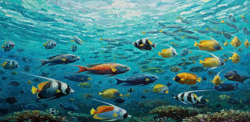 Nordisk Abstrakt Blå Fisk Canvasmålning – Stor Graffiti Poster Vardagsrum
