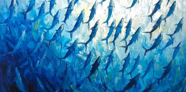 Nordisk Abstrakt Blå Fisk Canvasmålning – Stor Graffiti Poster Vardagsrum