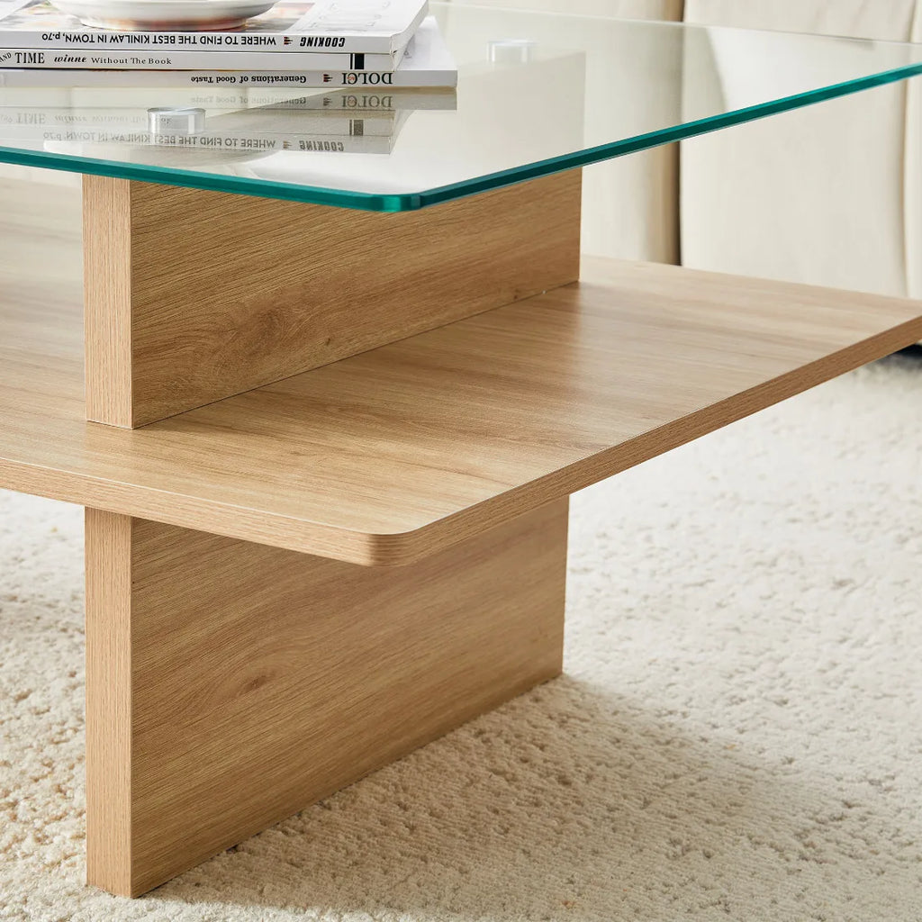Soffbord 2-plan Glas & MDF – Träfinish