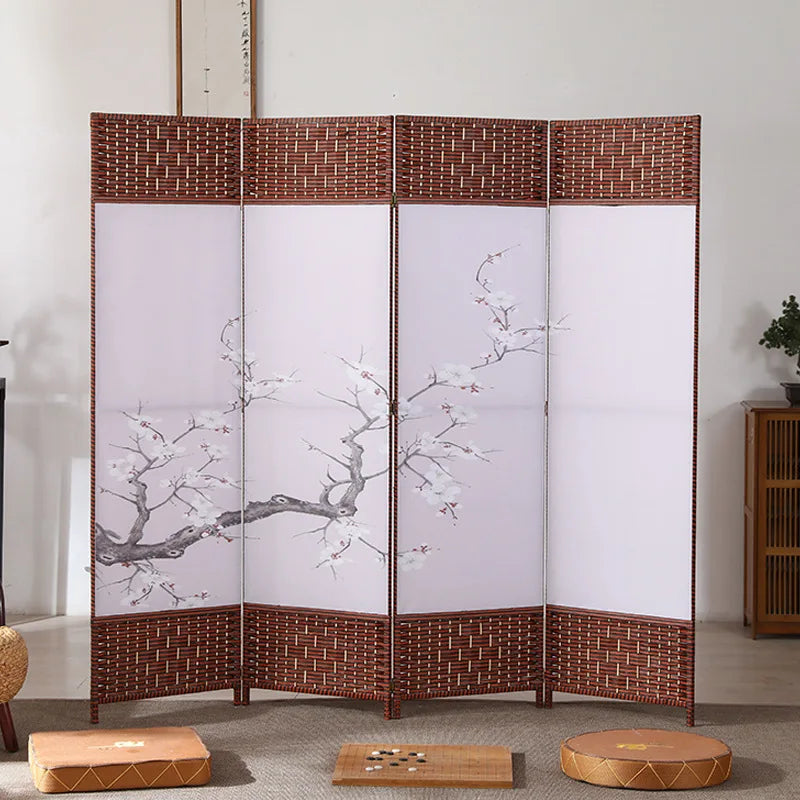 4-Panels Asiatisk Rumsavdelare Körsbärsblom & Fågel – Kalligrafi Brunt Trä