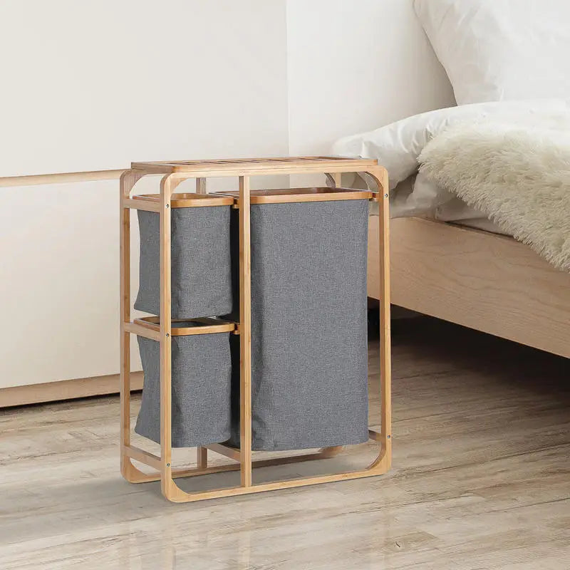 Tvättkorg 3 Fack Tyg & Bambu 50×32×69,7 cm – Sortering Badrum & Tvättstuga