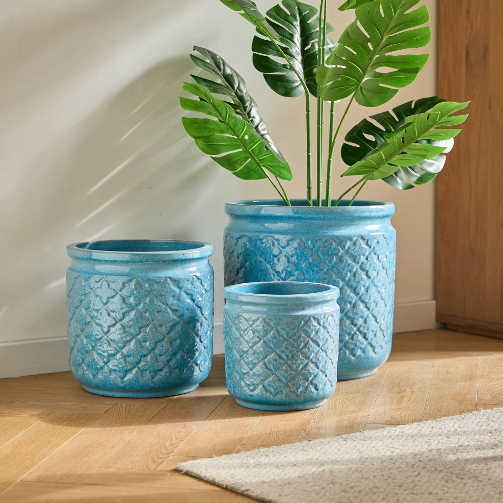 3-Pack Blå Andningsbar Keramikkruka Ø38/30/23 cm – Orkidé Inomhus & Utomhus