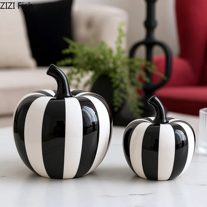 Svartvit Rand Äpple/Päron Keramikskulptur – Minimalistisk Fruktskulptur Dekor