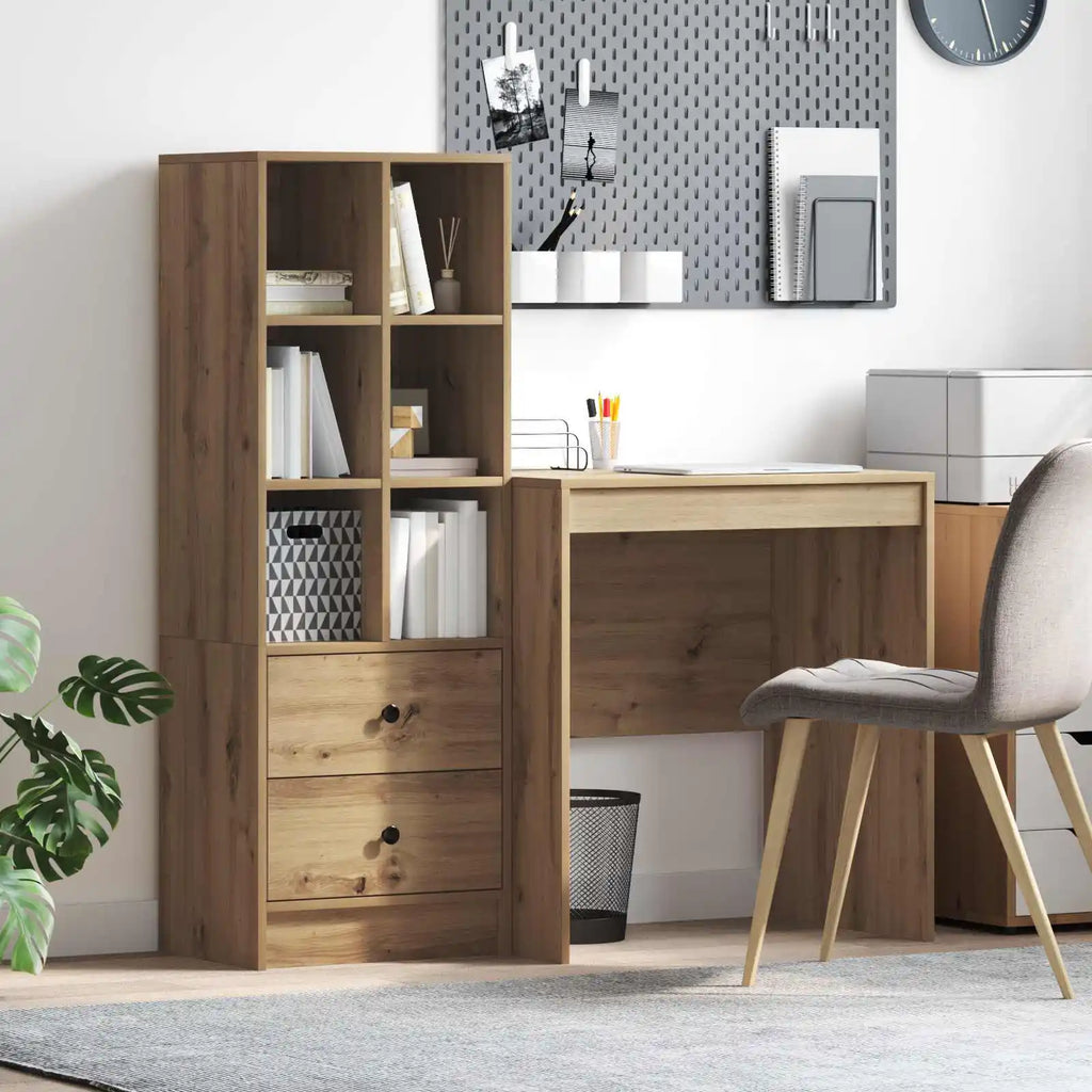 Skrivbord med Låda & Hylla – Ek, 2-pack Set