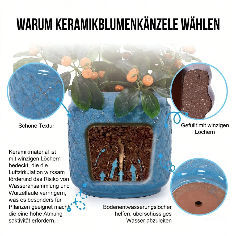 3-Pack Blå Andningsbar Keramikkruka Ø38/30/23 cm – Orkidé Inomhus & Utomhus