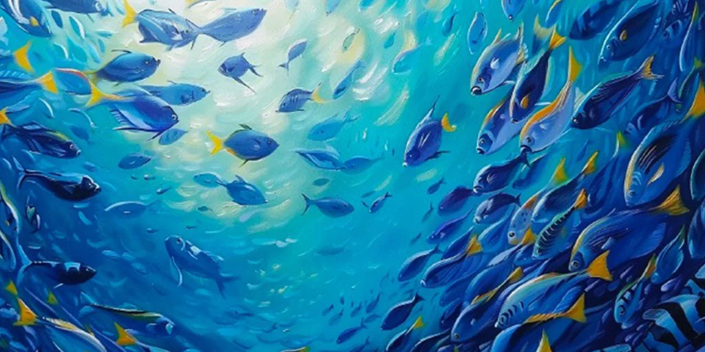 Nordisk Abstrakt Blå Fisk Canvasmålning – Stor Graffiti Poster Vardagsrum