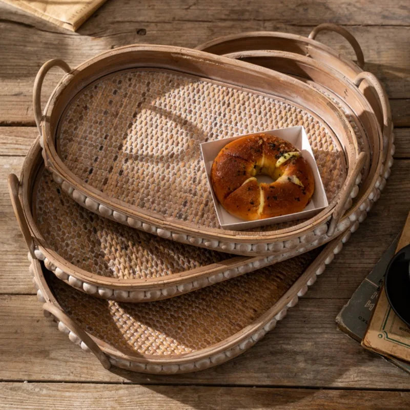 Vintage Rattan Bricka Japansk Stil – Bohemisk Frukt & Te Serverbricka med Handtag