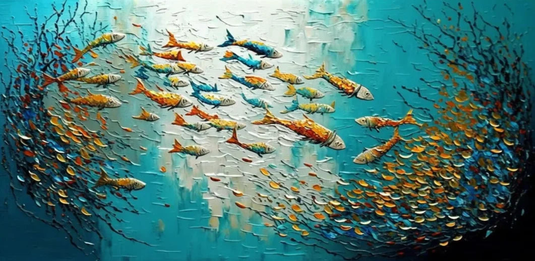 Nordisk Abstrakt Blå Fisk Canvasmålning – Stor Graffiti Poster Vardagsrum