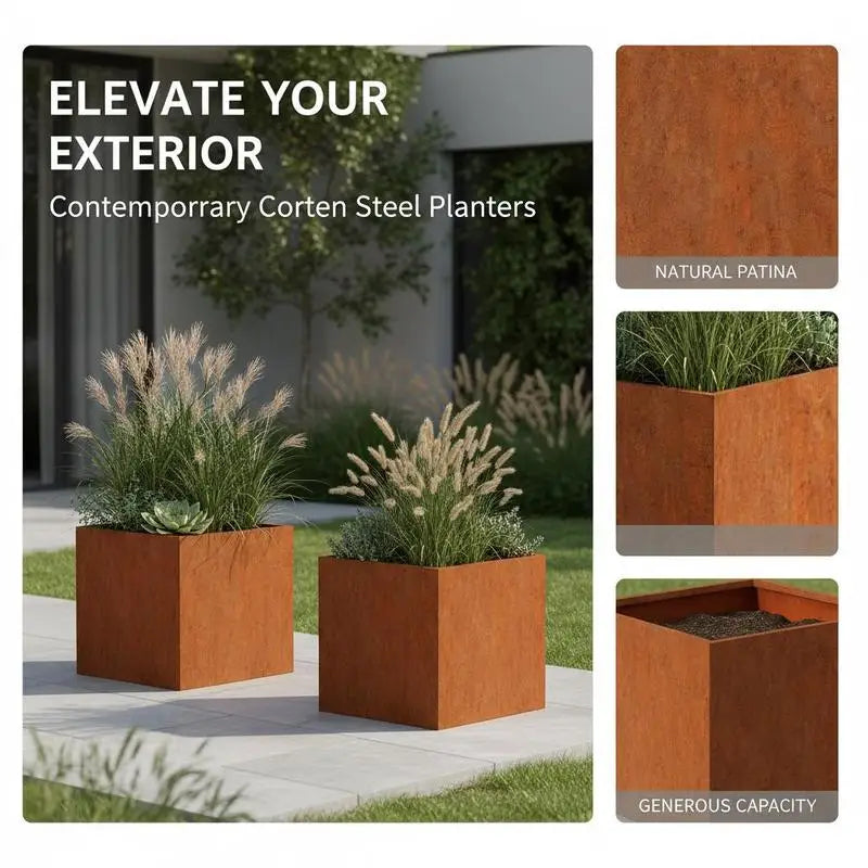 2-Pack Corten-stål Planteringskrukor 49×47×46 cm – Rostig Look Trädgård