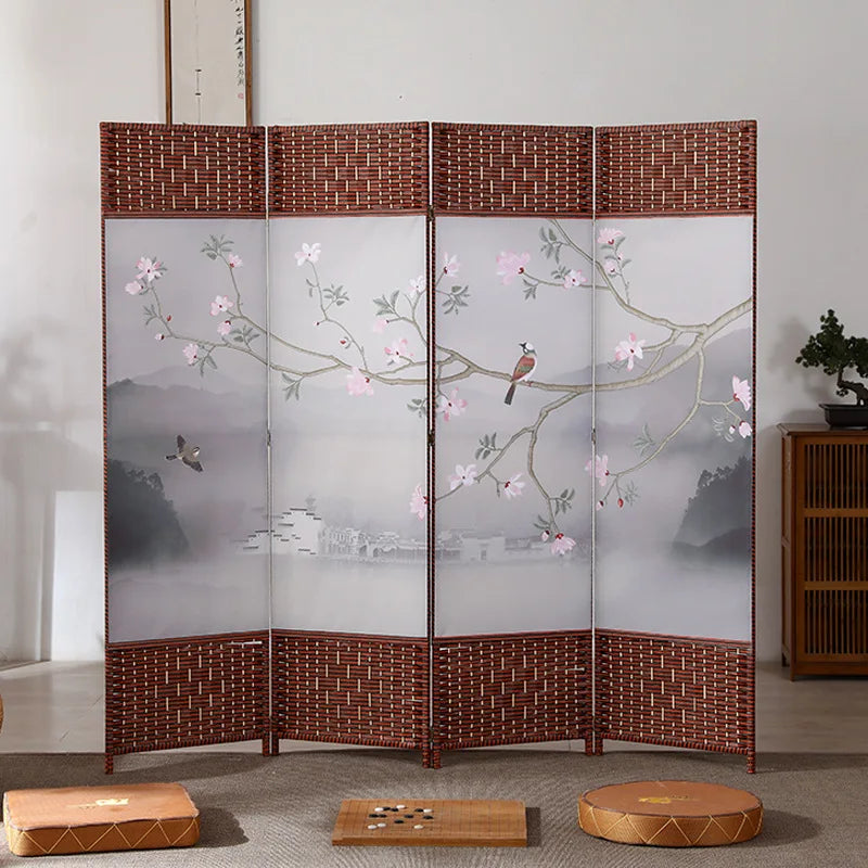 4-Panels Asiatisk Rumsavdelare Körsbärsblom & Fågel – Kalligrafi Brunt Trä