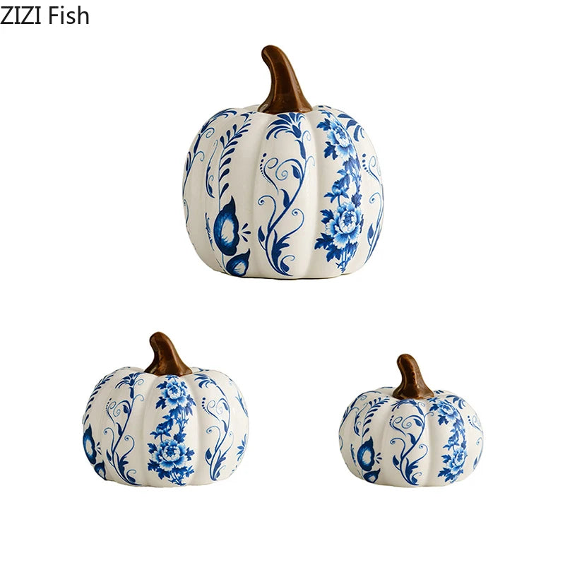 Blå & Vit Porslin Pumpa Skulptur – Kreativt Skrivbordsornament Rumsdekor