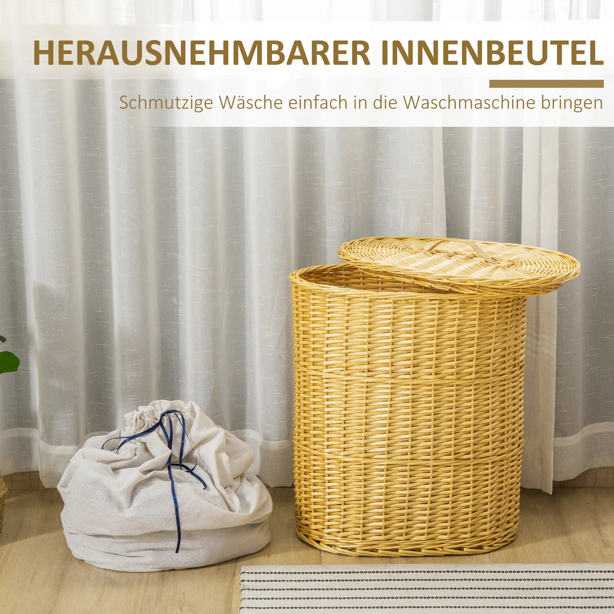 Wickertvättkorg Naturlig Rattan – Avtagbar Innerpåse & Tätande Lock