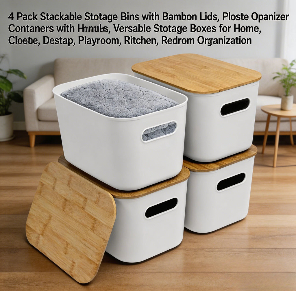 4-Pack Plastlådor med Bambullock & Handtag – Stapelbar Hem & Kontorsorganisering