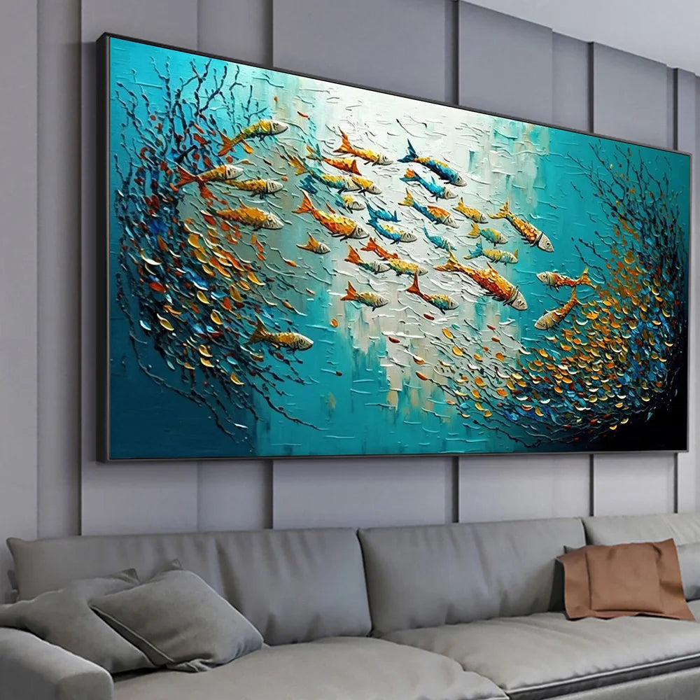 Nordisk Abstrakt Blå Fisk Canvasmålning – Stor Graffiti Poster Vardagsrum