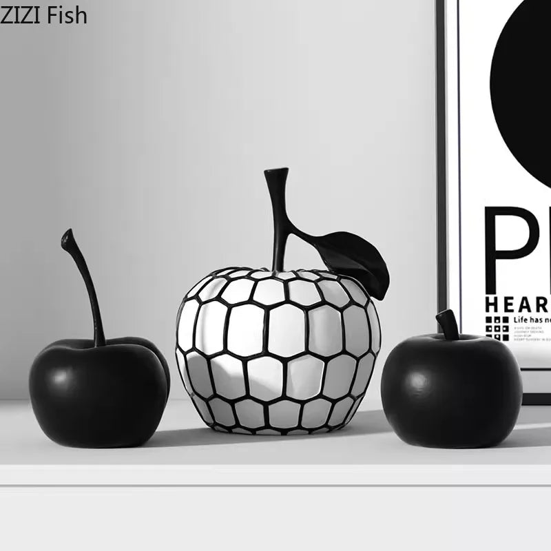 Svartvit Rand Äpple & Ananas Staty – Minimalistisk Resin Skrivbordsskulptur