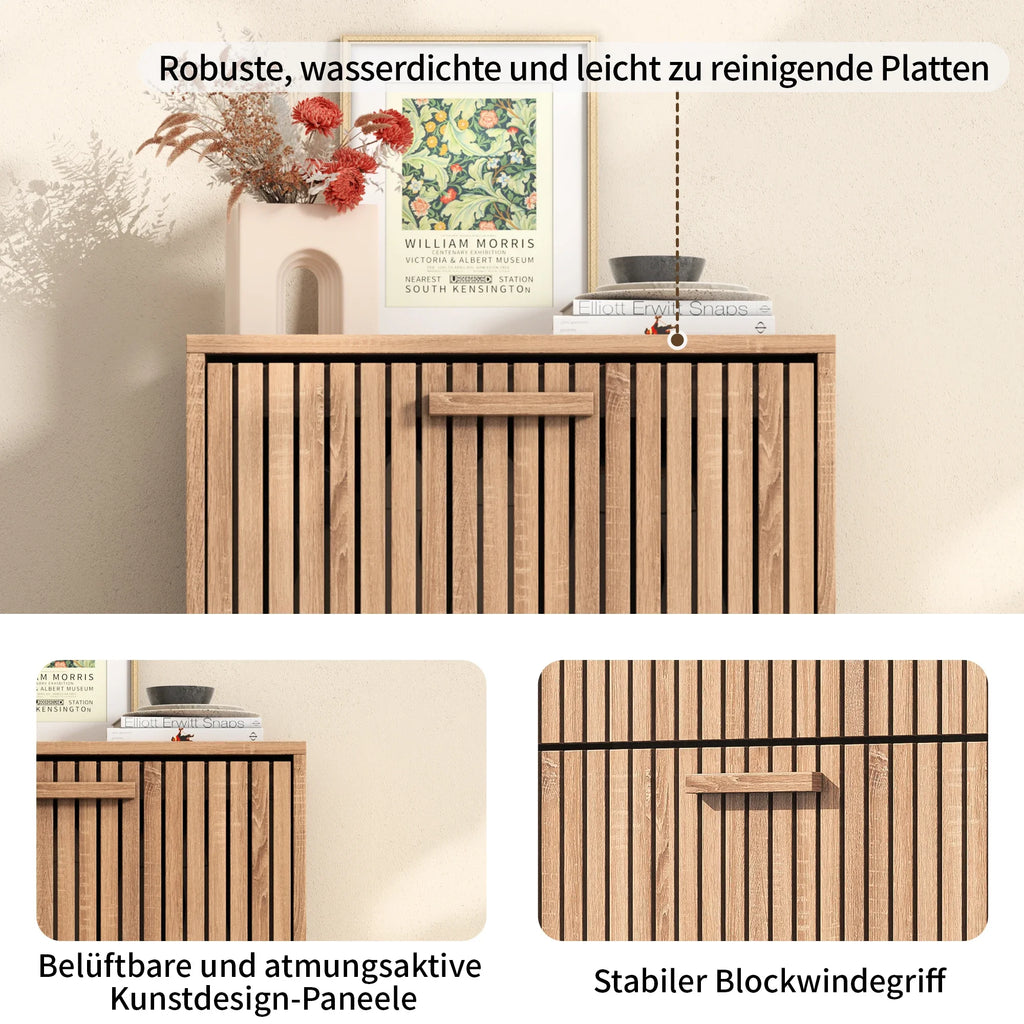 Fangange Rattan Skoskåp Smal – 3 Snedda Dörrar Trägriphandtag Andningsbara Paneler