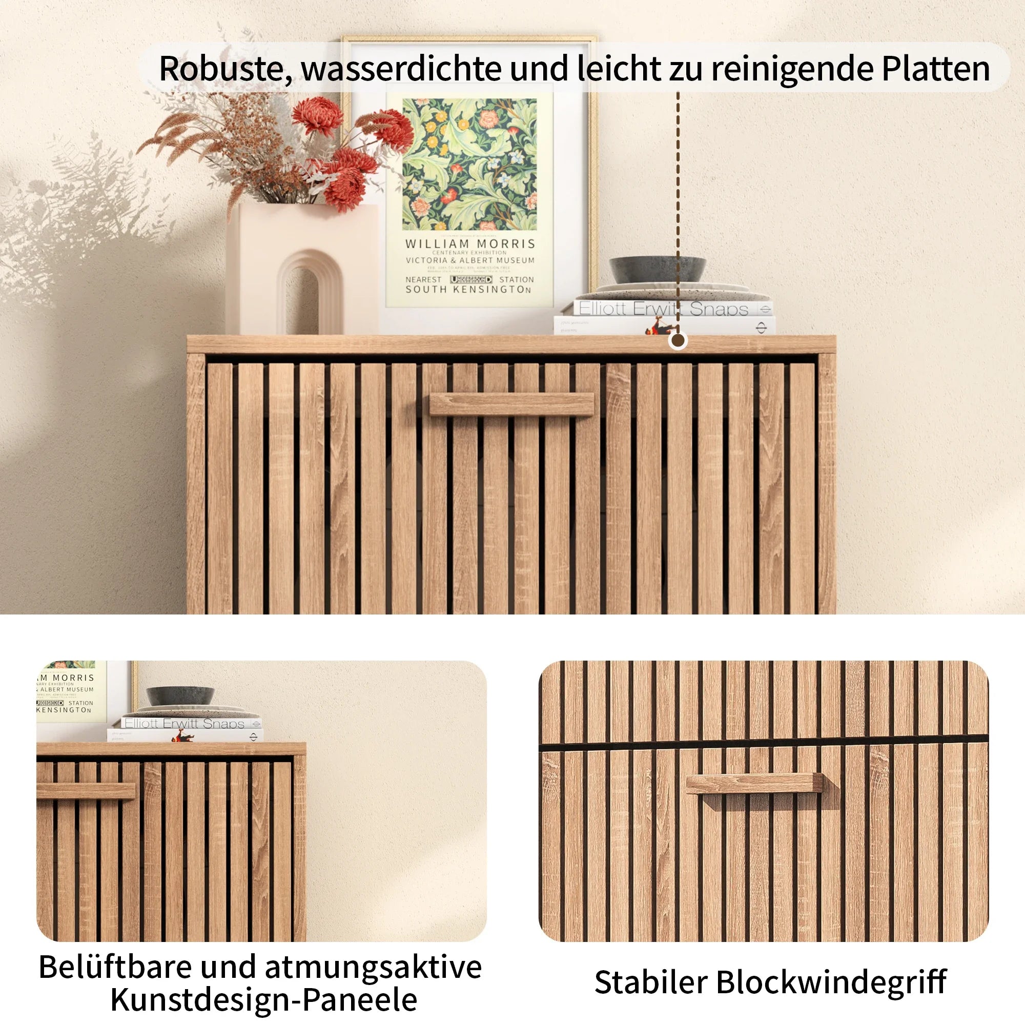 Fangange Rattan Skoskåp Smal – 3 Snedda Dörrar Trägriphandtag Andningsbara Paneler