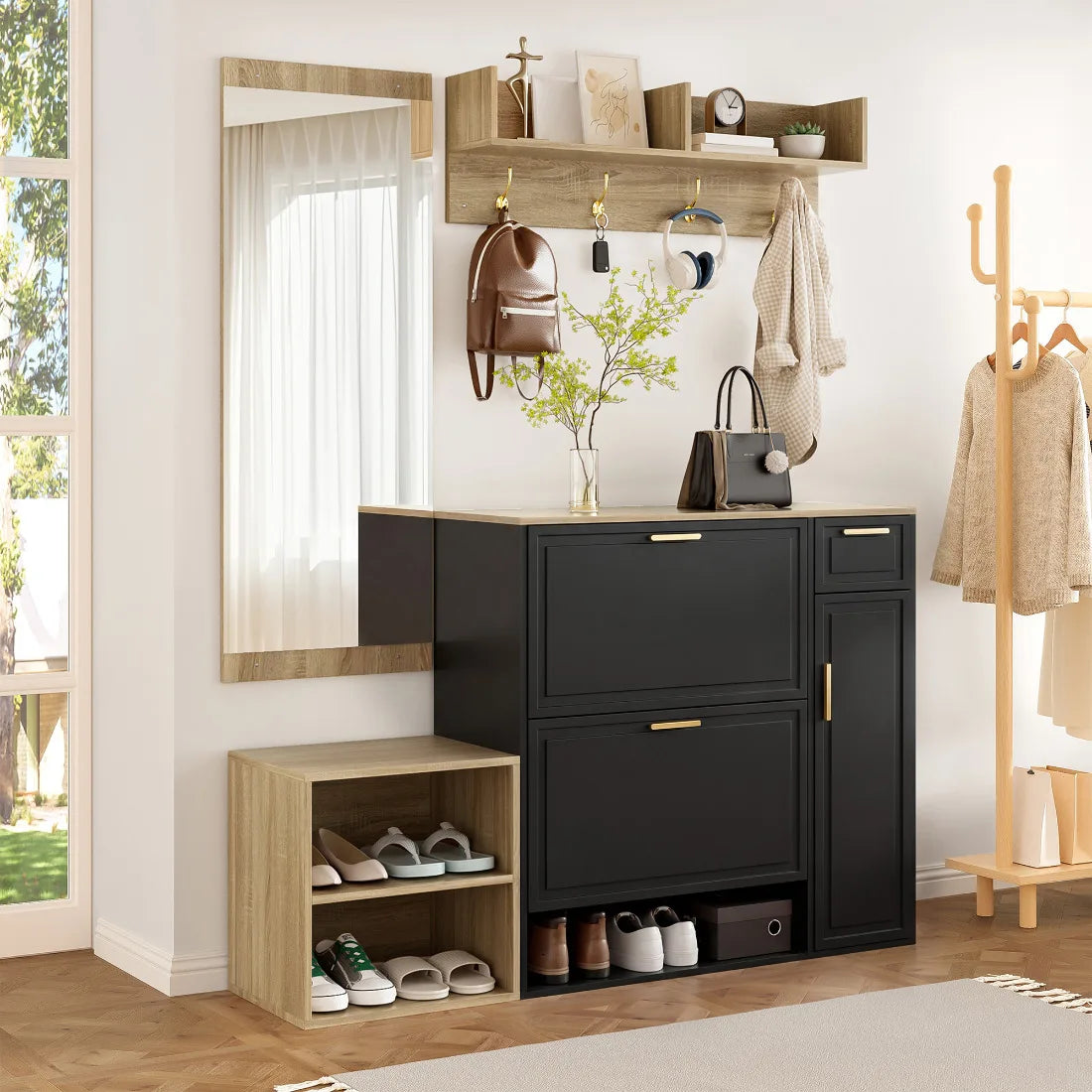 4-Delars Hallmöbelset – Skoskåp, Sittbänk, Kappkrok & Spegel 139,5×35×166 cm