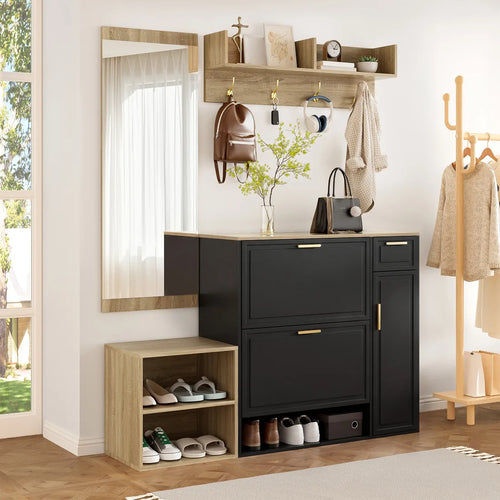 4-Delars Hallmöbelset – Skoskåp, Sittbänk, Kappkrok & Spegel 139,5×35×166 cm