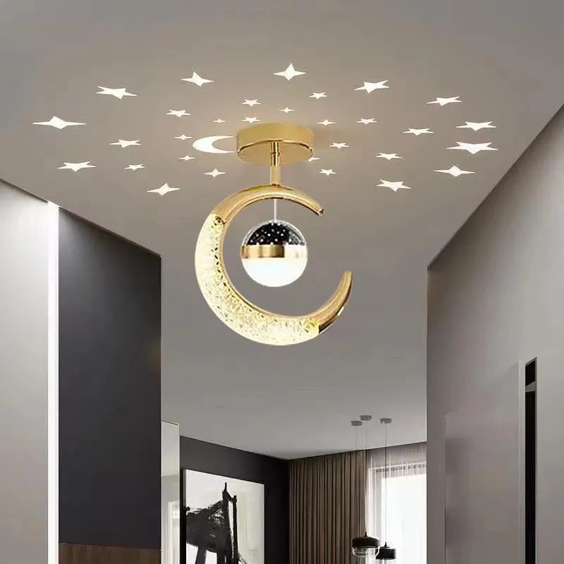 Kreativ Måne & Stjärnor LED Taklampa – Guld & Svart Loft