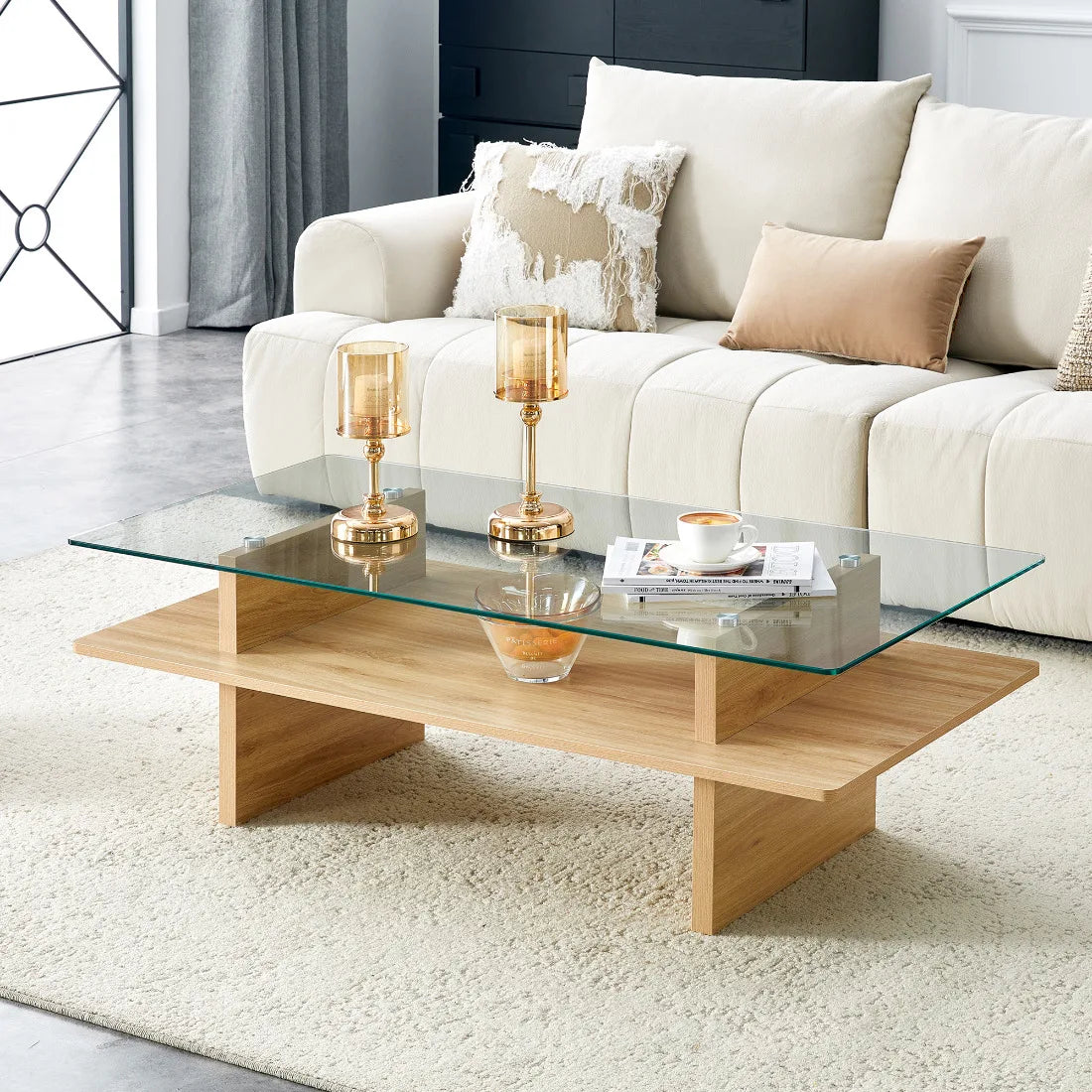 Soffbord 2-plan Glas & MDF – Träfinish