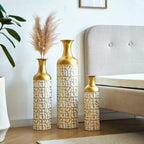 3-Pack Guld & Vit Golvvaser 50/66/85 cm – Blommönster Metall Hem & Trädgård
