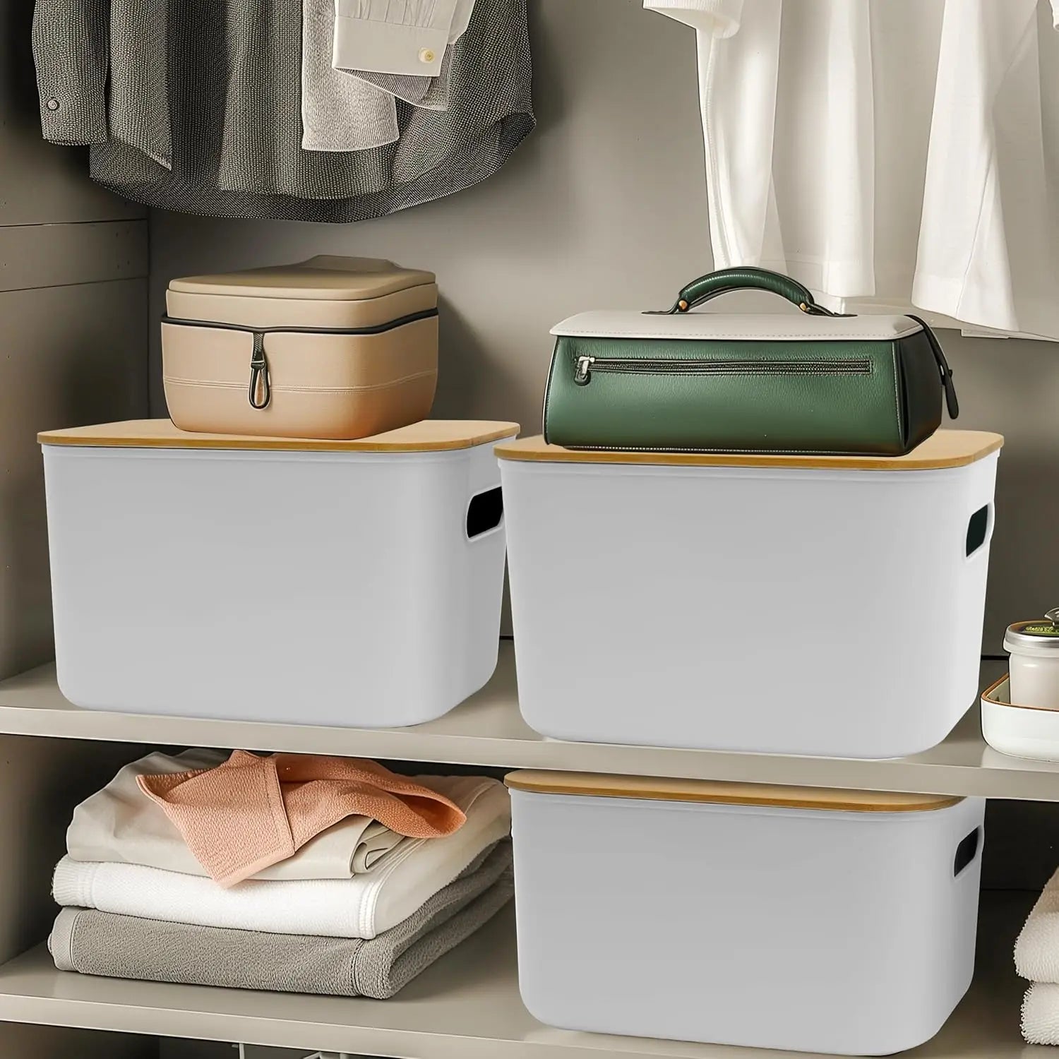 4-Pack Plastlådor med Bambullock & Handtag – Stapelbar Hem & Kontorsorganisering