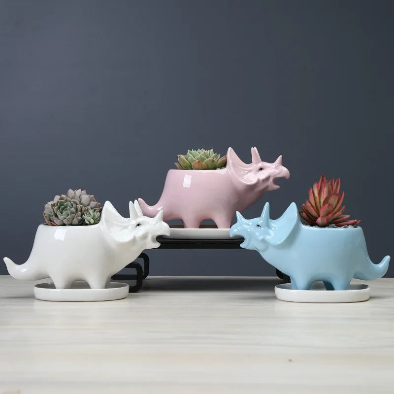 Dinosaurie Keramikvas med Dräneringshål – Succulent & Kaktus Barnrum
