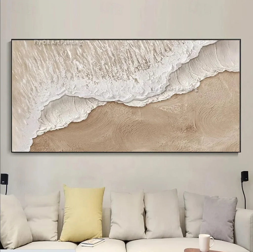 Havsvågor Abstrakt Oljemålning Tjock Textur – Wabi-Sabi Earthtone Canvas Konst