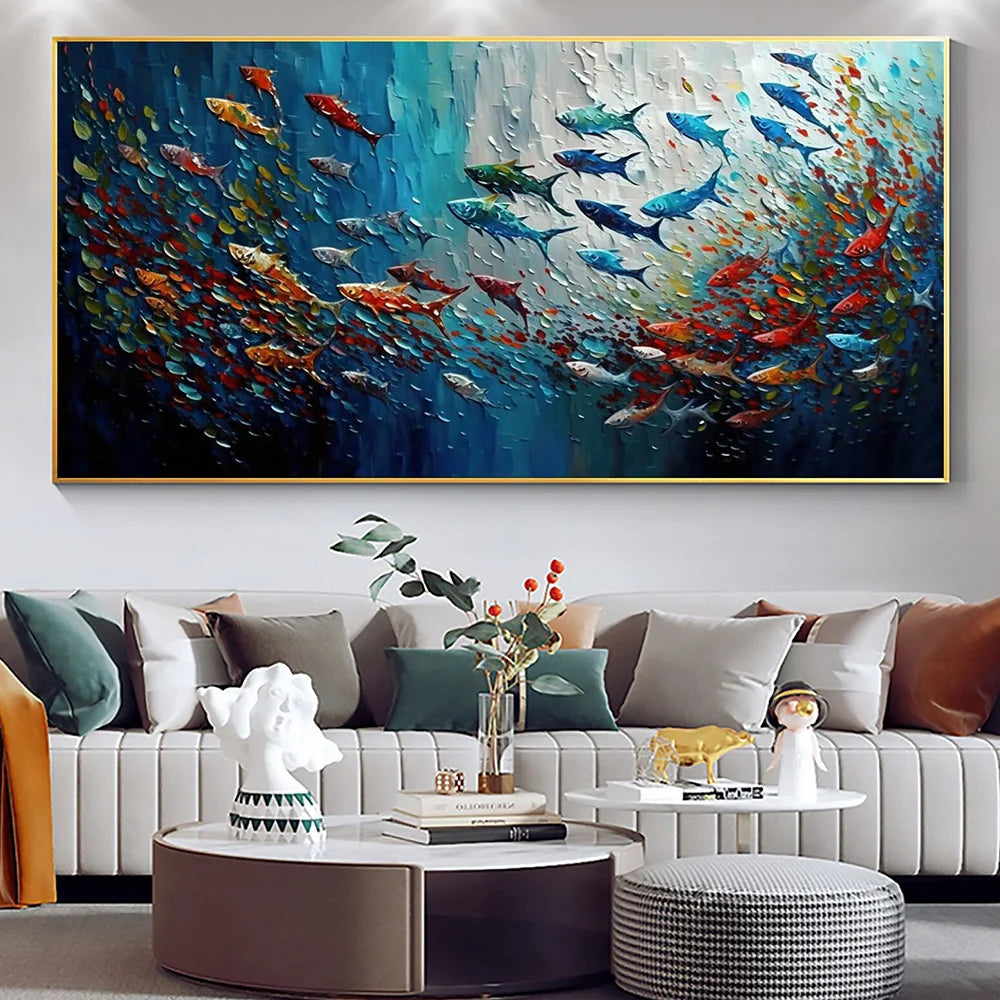 Nordisk Abstrakt Blå Fisk Canvasmålning – Stor Graffiti Poster Vardagsrum