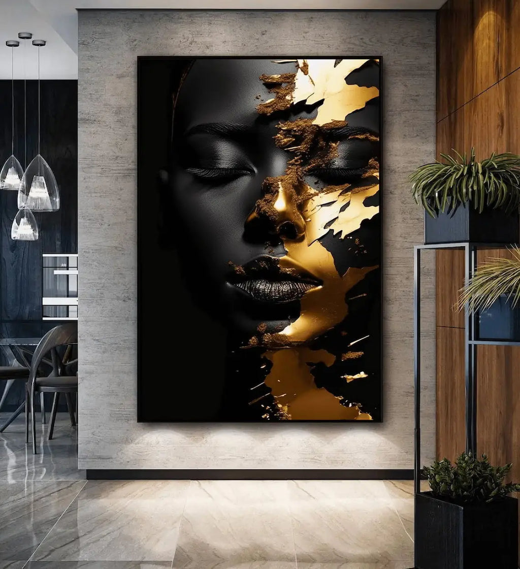 Afrikansk Kvinna Guldton Canvas Poster – Modern Konst Vardagsrum & Sovrum