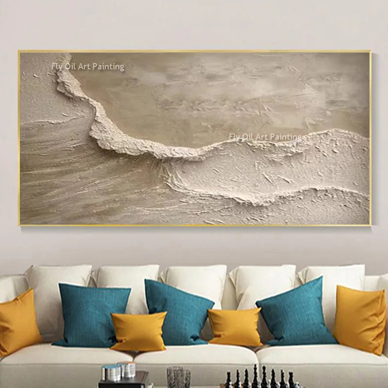 Havsvågor Abstrakt Oljemålning Tjock Textur – Wabi-Sabi Earthtone Canvas Konst