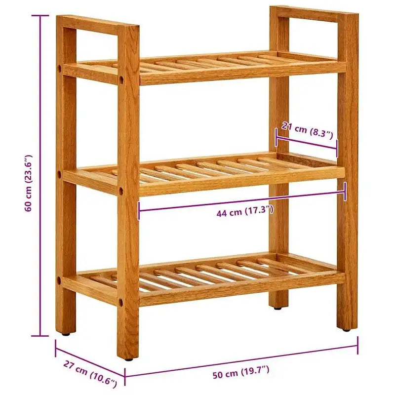 3-Hyllors Massiv Ek Skohylla 50×27×60 cm – Rustik 8 kg/Hylla Hallförvaring