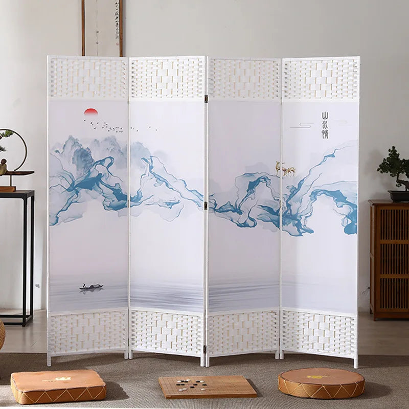 4-Panels Asiatisk Rumsavdelare Körsbärsblom & Fågel – Kalligrafi Brunt Trä