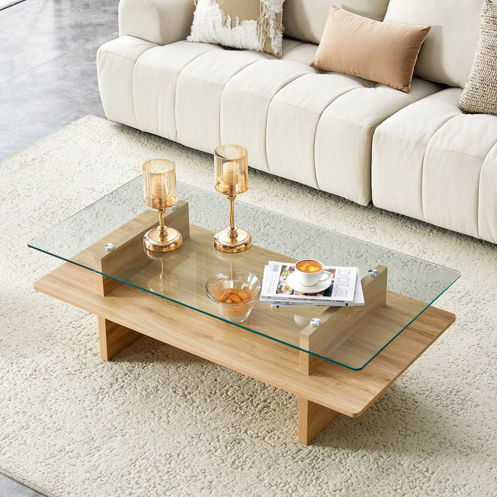 Soffbord 2-plan Glas & MDF – Träfinish