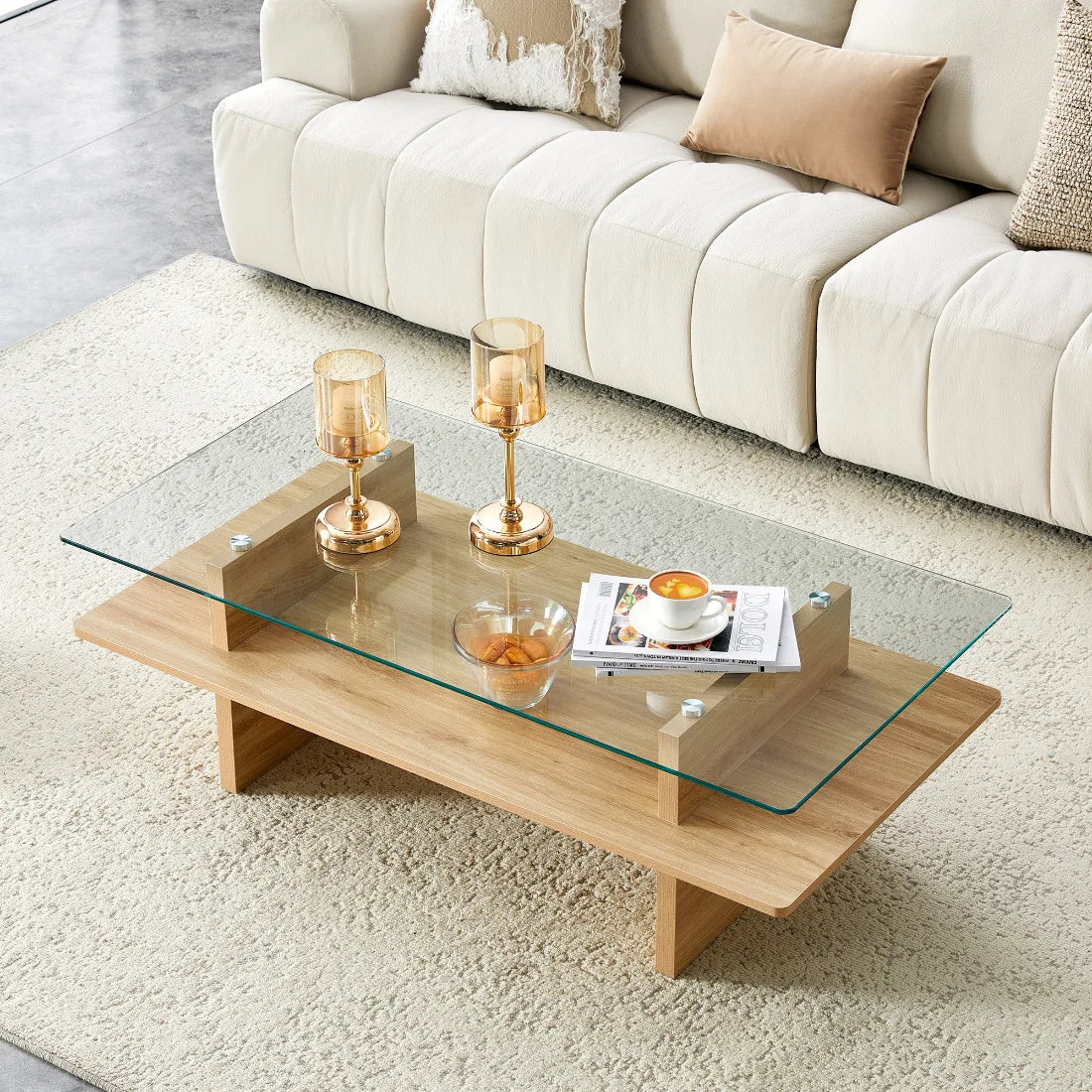 Soffbord 2-plan Glas & MDF – Träfinish