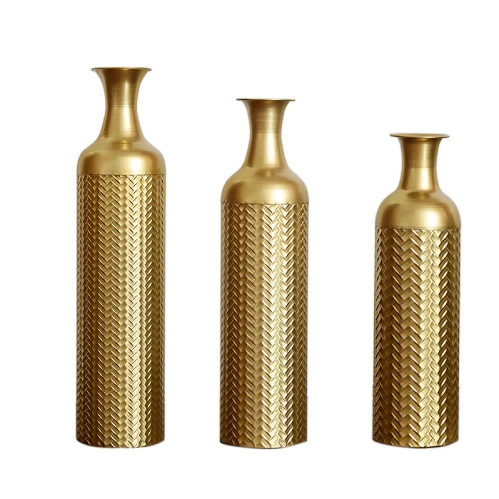 3-Pack Guldfärgade Golvvaser 50/66/83 cm – Texturerad Vintage Metall