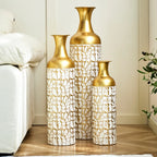 3-Pack Guld & Vit Golvvaser 50/66/85 cm – Blommönster Metall Hem & Trädgård