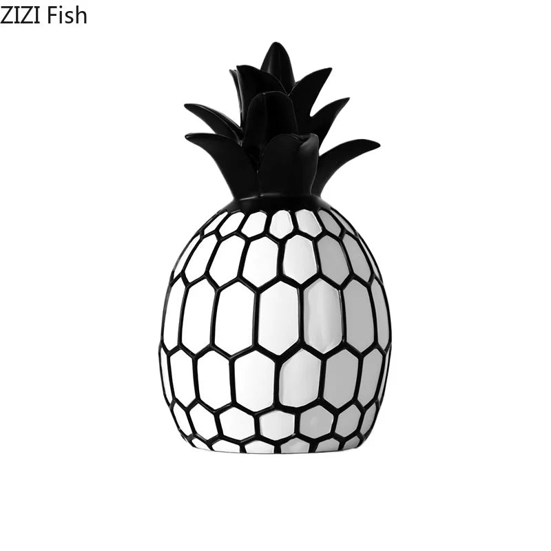 Svartvit Rand Äpple & Ananas Staty – Minimalistisk Resin Skrivbordsskulptur