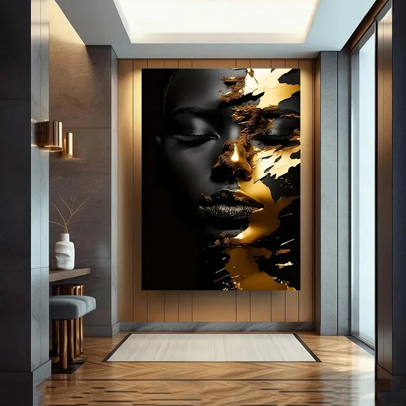 Afrikansk Kvinna Guldton Canvas Poster – Modern Konst Vardagsrum & Sovrum