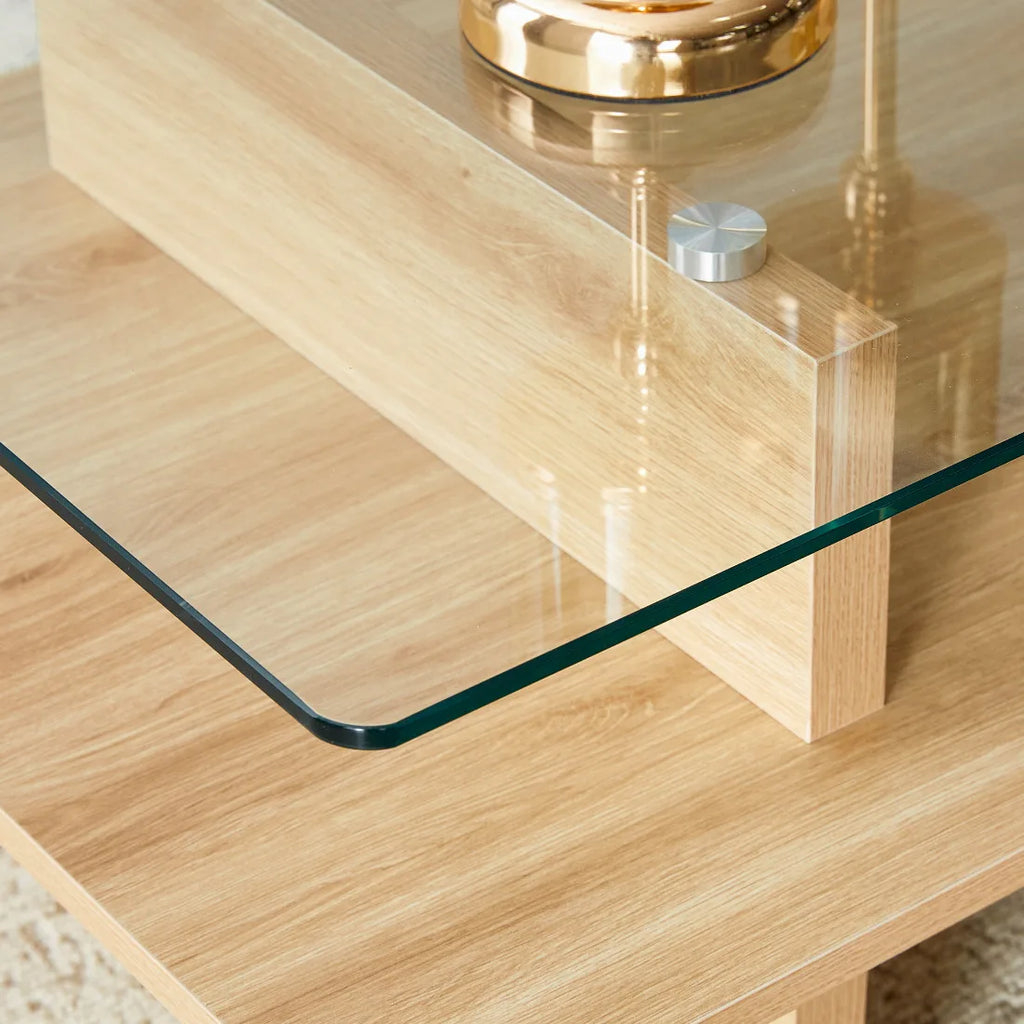 Soffbord 2-plan Glas & MDF – Träfinish