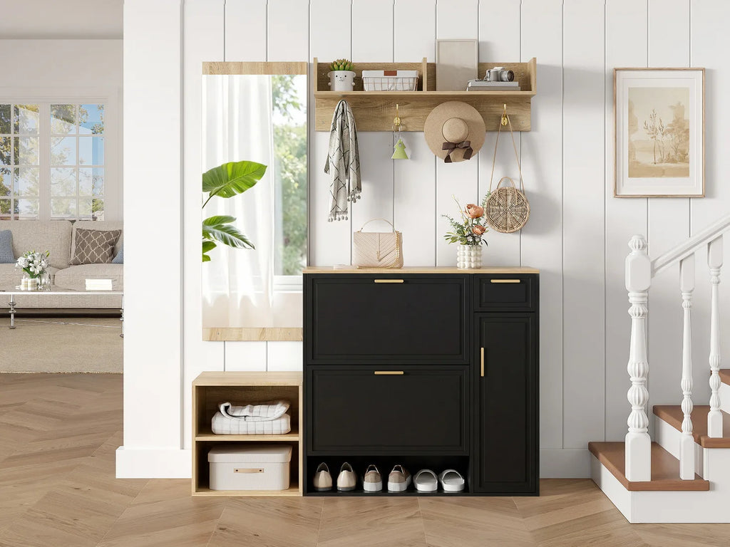 4-Delars Hallmöbelset – Skoskåp, Sittbänk, Kappkrok & Spegel 139,5×35×166 cm