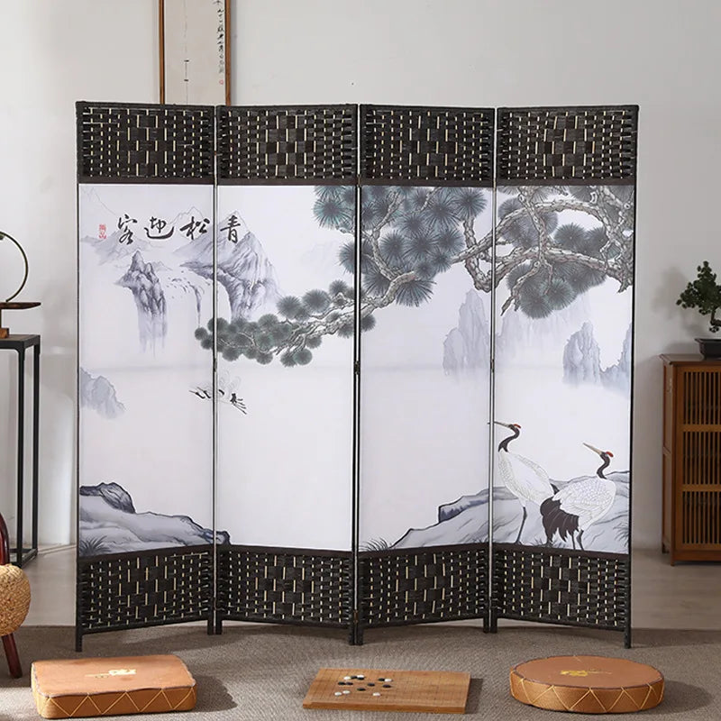 4-Panels Asiatisk Rumsavdelare Körsbärsblom & Fågel – Kalligrafi Brunt Trä