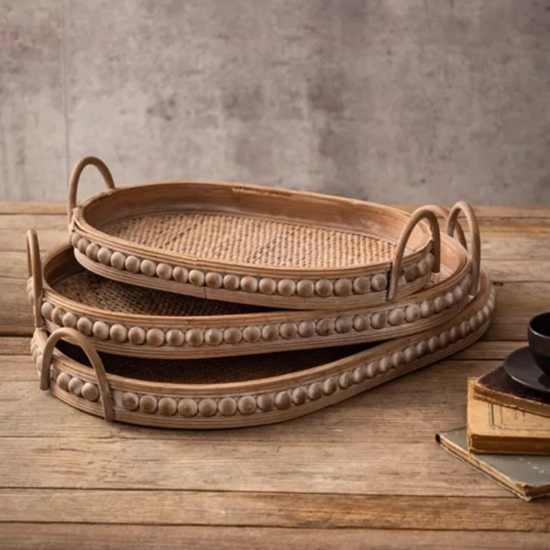 Vintage Rattan Bricka Japansk Stil – Bohemisk Frukt & Te Serverbricka med Handtag