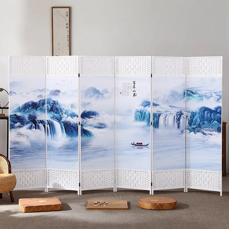 4-Panels Asiatisk Rumsavdelare Körsbärsblom & Fågel – Kalligrafi Brunt Trä